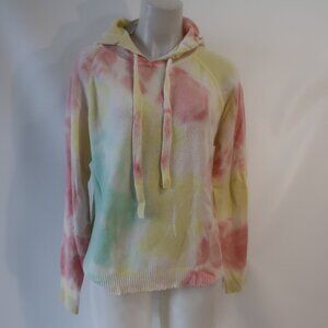 NWT Womens Minnie Rose Pink Yellow Ecru Pure Cashmere Tie Dye Hooded Sweater L